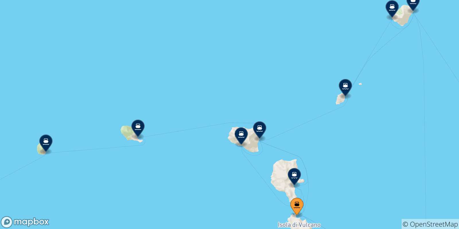Mapa de las posibles rutas entre Vulcano y  Islas Eólicas
