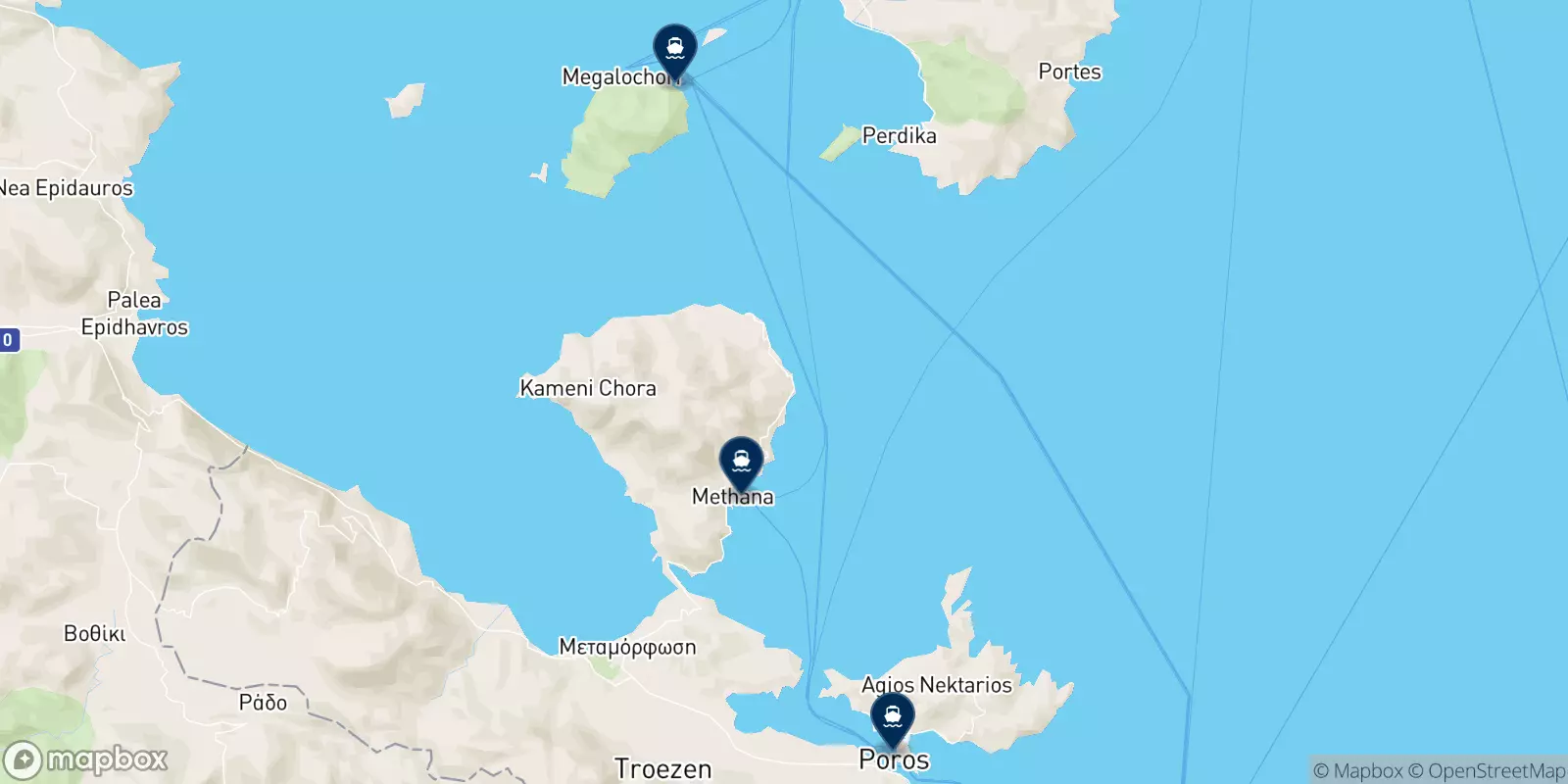 Mapa de los destinos Saronic Ferries